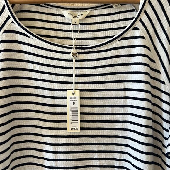 NWT Max Studio London Striped Ruffle Sleeve Top Navy & White Medim - Picture 6 of 11